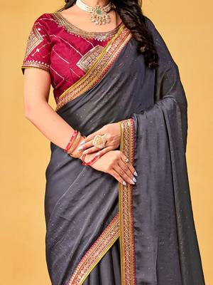 grey embellished beads and stones sarees with blouse piece 4