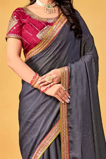 grey embellished beads and stones sarees with blouse piece