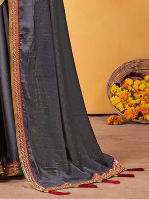 grey embellished beads and stones sarees with blouse piece 5
