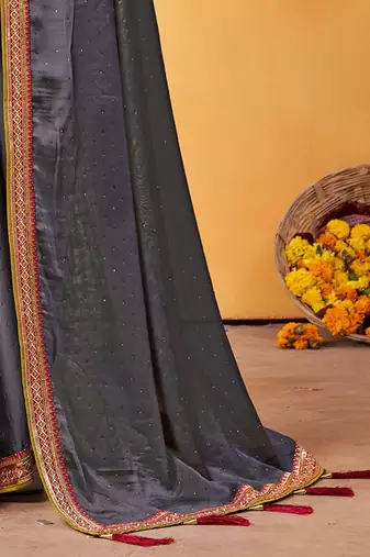 grey embellished beads and stones sarees with blouse piece