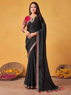 black embellished beads and stones sarees with blouse piece 1
