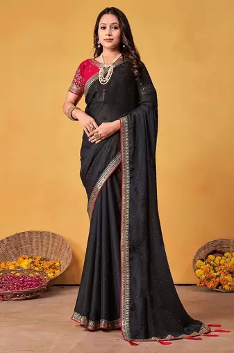 black embellished beads and stones sarees with blouse piece
