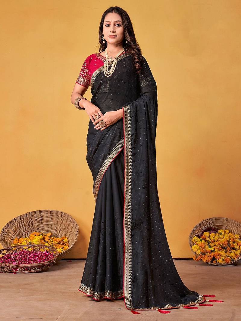 black embellished beads and stones sarees with blouse piece