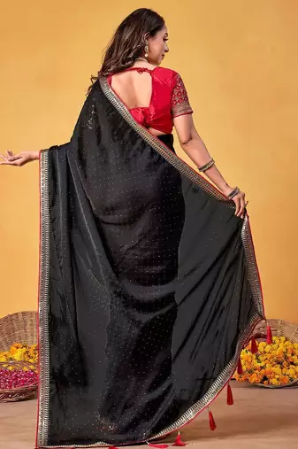black embellished beads and stones sarees with blouse piece