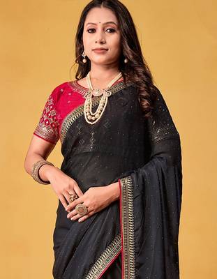 black embellished beads and stones sarees with blouse piece 3