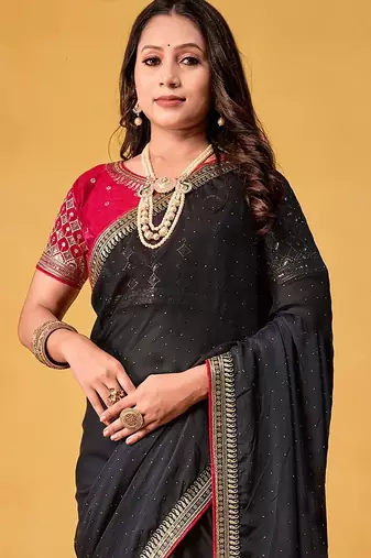 black embellished beads and stones sarees with blouse piece