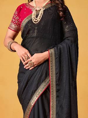 black embellished beads and stones sarees with blouse piece 4