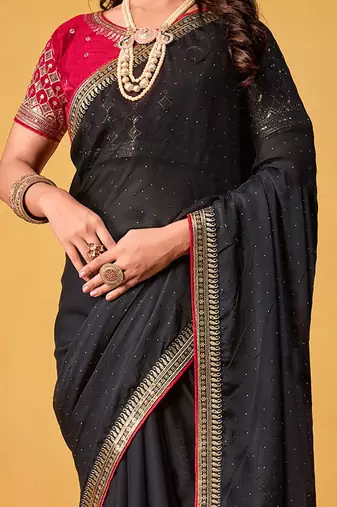black embellished beads and stones sarees with blouse piece