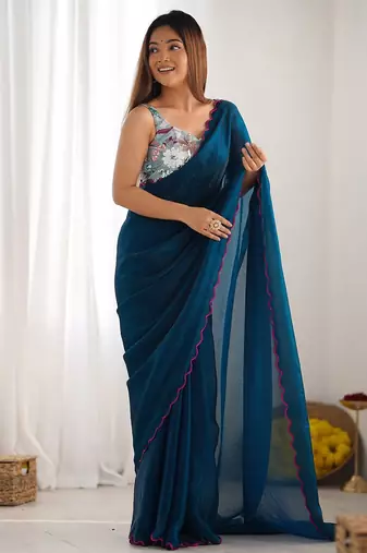 teal embroidered party wear saree