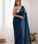 teal embroidered party wear saree