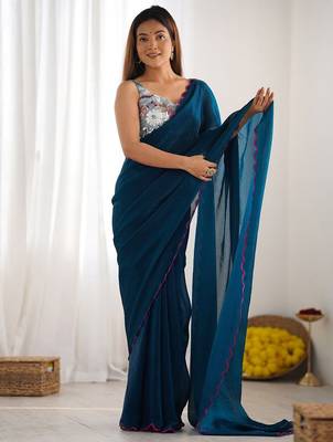 teal embroidered party wear saree 2