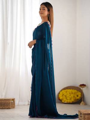 teal embroidered party wear saree 3