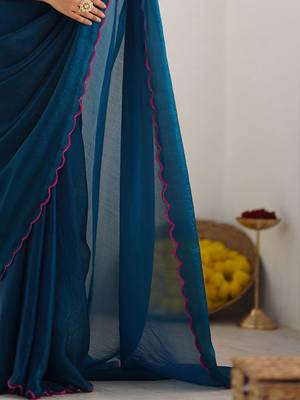 teal embroidered party wear saree 5