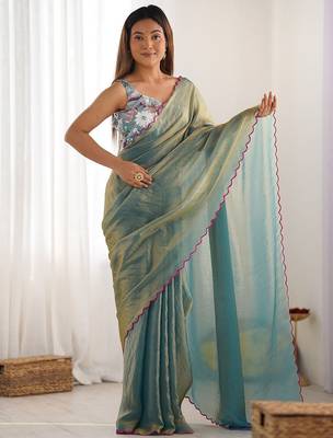 sea green women satin saree with sequinned border 2