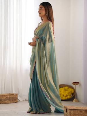 sea green women satin saree with sequinned border 3