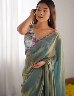 sea green women satin saree with sequinned border 4