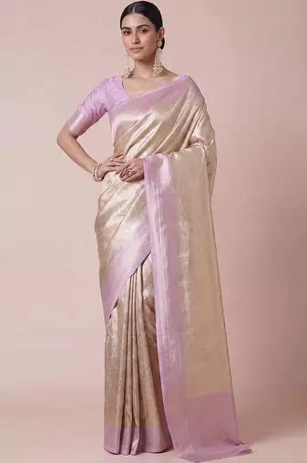 cream paisley woven design zari kanjeevaram silk blend saree