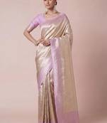 cream paisley woven design zari kanjeevaram silk blend saree