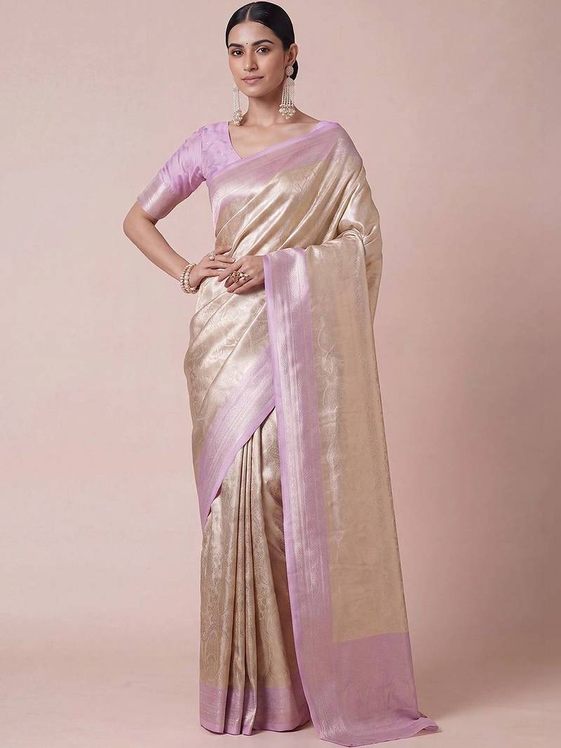 cream paisley woven design zari kanjeevaram silk blend saree