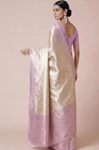 cream paisley woven design zari kanjeevaram silk blend saree