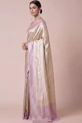 cream paisley woven design zari kanjeevaram silk blend saree