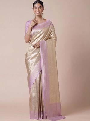 cream paisley woven design zari kanjeevaram silk blend saree 4