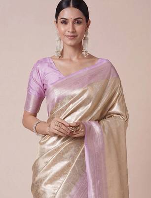 cream paisley woven design zari kanjeevaram silk blend saree 5