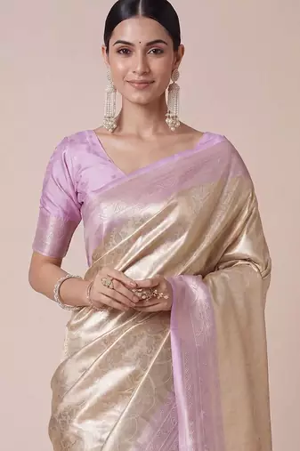 cream paisley woven design zari kanjeevaram silk blend saree