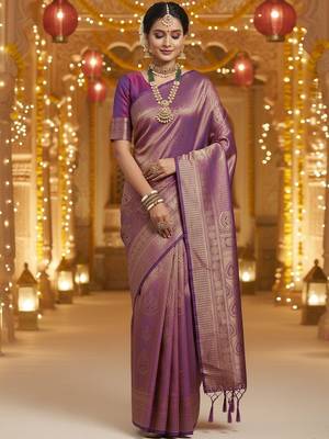 Purple woven design zari silk blend heavy work banarasi saree 1