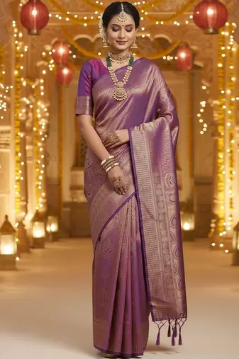 Purple woven design zari silk blend heavy work banarasi saree