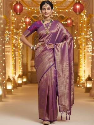 Purple woven design zari silk blend heavy work banarasi saree 2