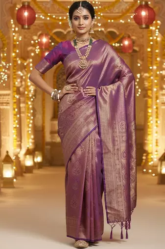 Purple woven design zari silk blend heavy work banarasi saree