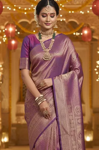 Purple woven design zari silk blend heavy work banarasi saree