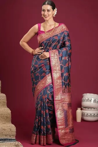 Navy blue navy blue floral zari silk blend heavy work banarasi saree with unstiched blouse