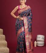 Navy blue navy blue floral zari silk blend heavy work banarasi saree with unstiched blouse