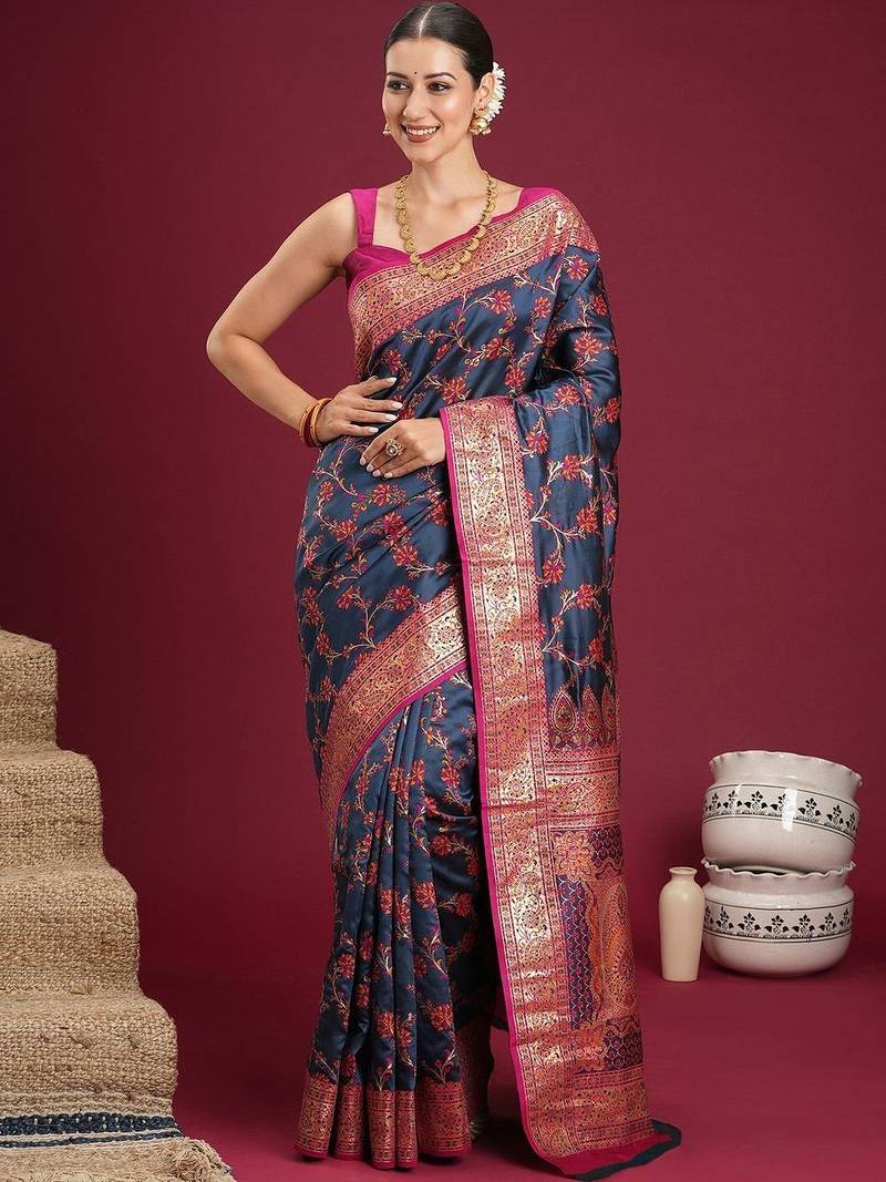 Navy blue navy blue floral zari silk blend heavy work banarasi saree with unstiched blouse