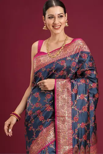Navy blue navy blue floral zari silk blend heavy work banarasi saree with unstiched blouse