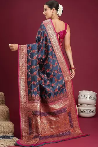 Navy blue navy blue floral zari silk blend heavy work banarasi saree with unstiched blouse