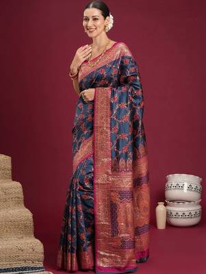 Navy blue navy blue floral zari silk blend heavy work banarasi saree with unstiched blouse 4