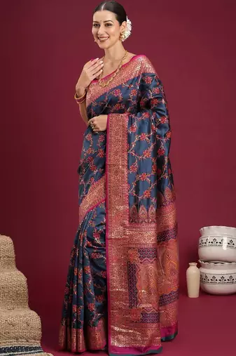 Navy blue navy blue floral zari silk blend heavy work banarasi saree with unstiched blouse
