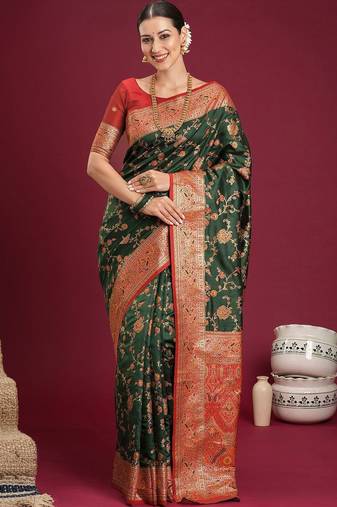 green woven design zari art silk blend designer banarasi saree