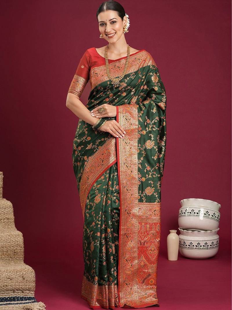 green woven design zari art silk blend designer banarasi saree