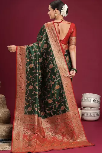 green woven design zari art silk blend designer banarasi saree