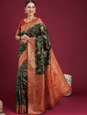 green woven design zari art silk blend designer banarasi saree 3