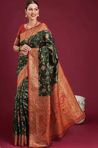 green woven design zari art silk blend designer banarasi saree