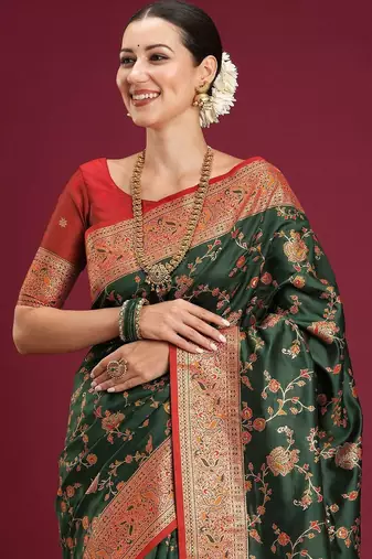 green woven design zari art silk blend designer banarasi saree