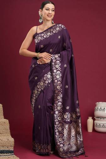 Purple purple floral zari silk blend heavy work banarasi saree unstiched blouse