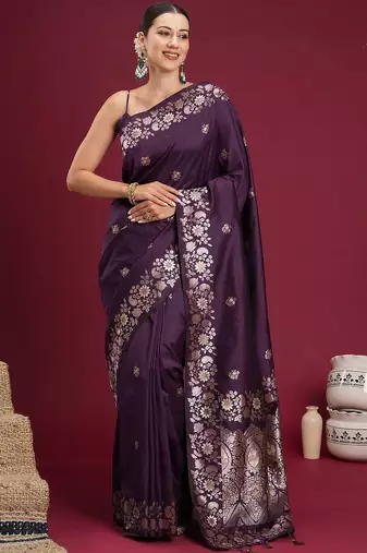 Purple purple floral zari silk blend heavy work banarasi saree unstiched blouse