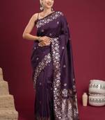 Purple purple floral zari silk blend heavy work banarasi saree unstiched blouse
