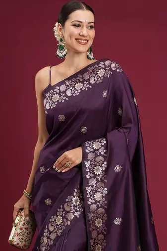 Purple purple floral zari silk blend heavy work banarasi saree unstiched blouse